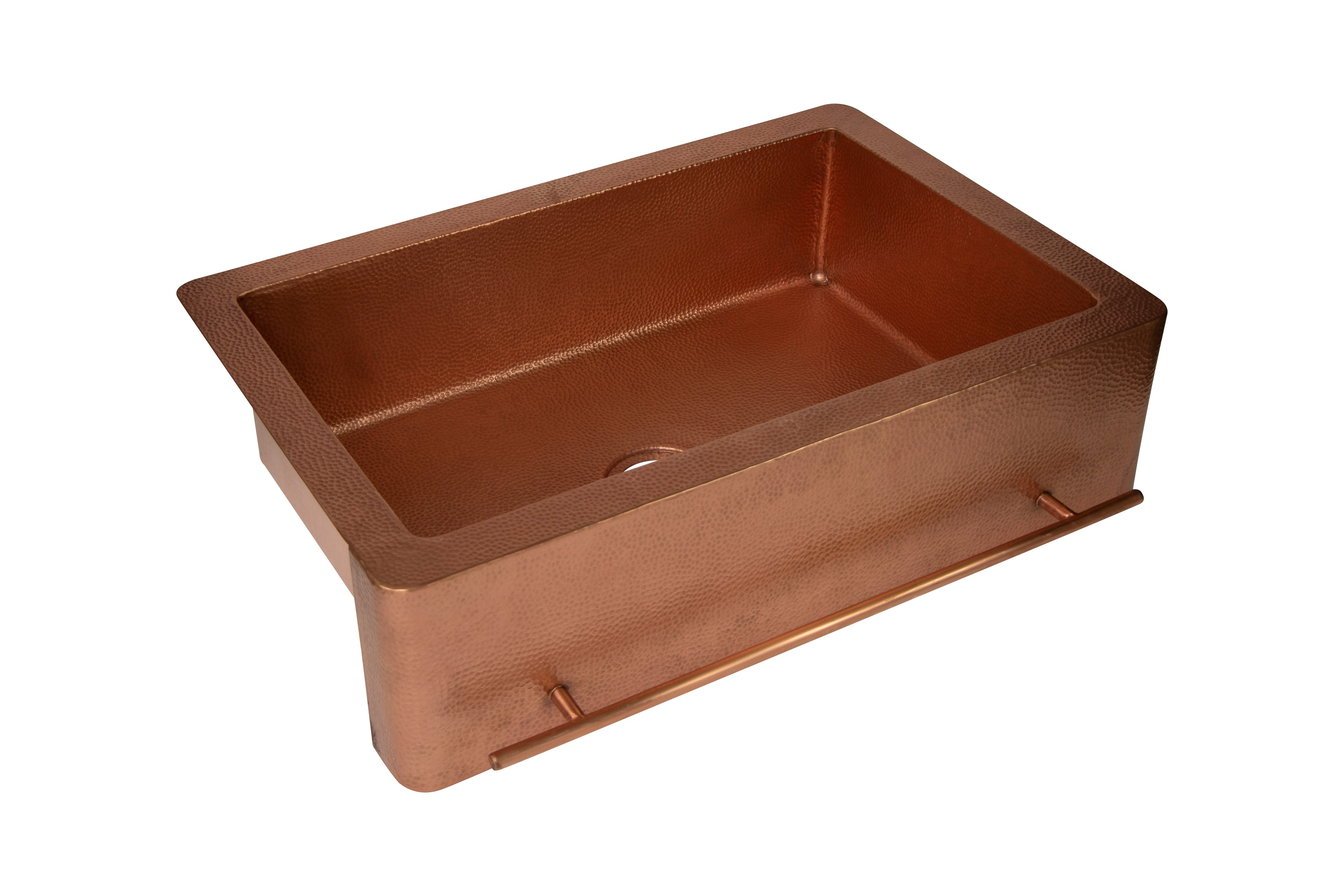 33" Farmhouse Single Well Towel Holder Straight Apron Hammered Copper Kitchen Sink