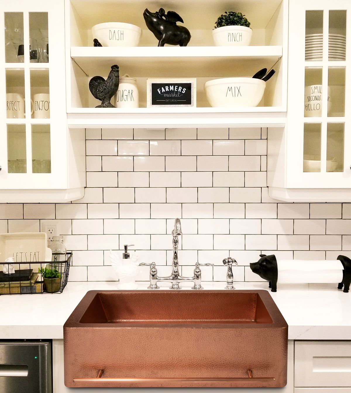 33" Farmhouse Single Well Towel Holder Straight Apron Hammered Copper Kitchen Sink