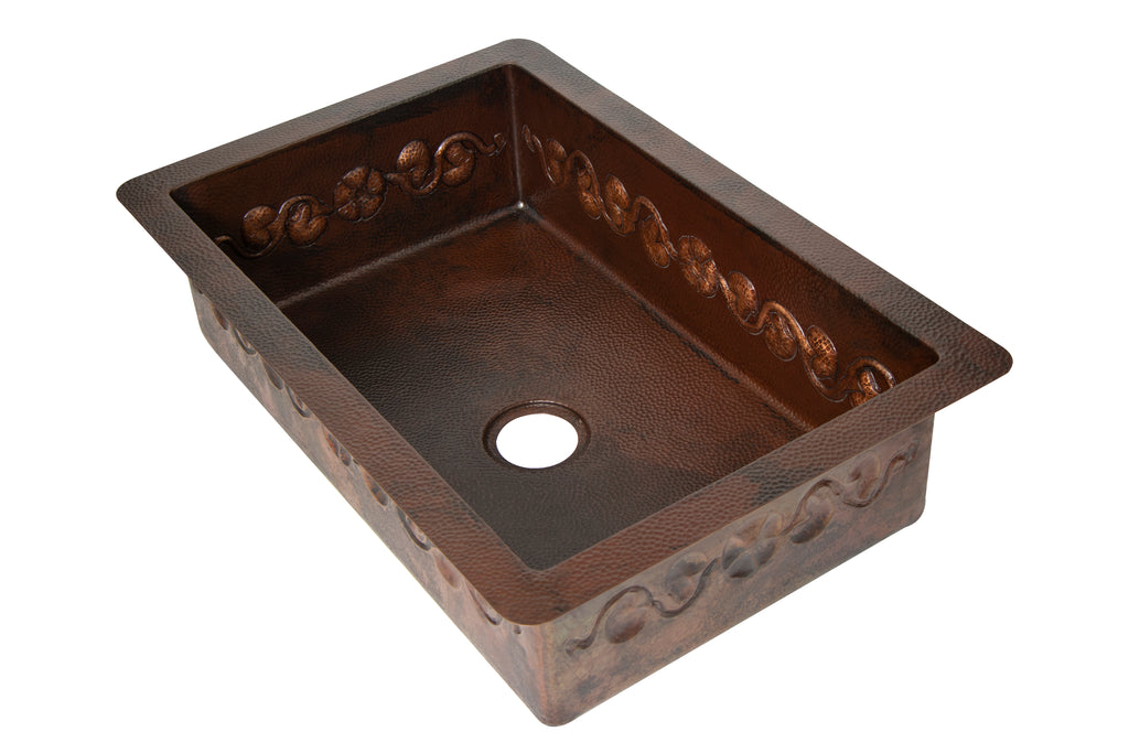33" Drop-in Single Well Floral Design Hammered Copper Kitchen Sink