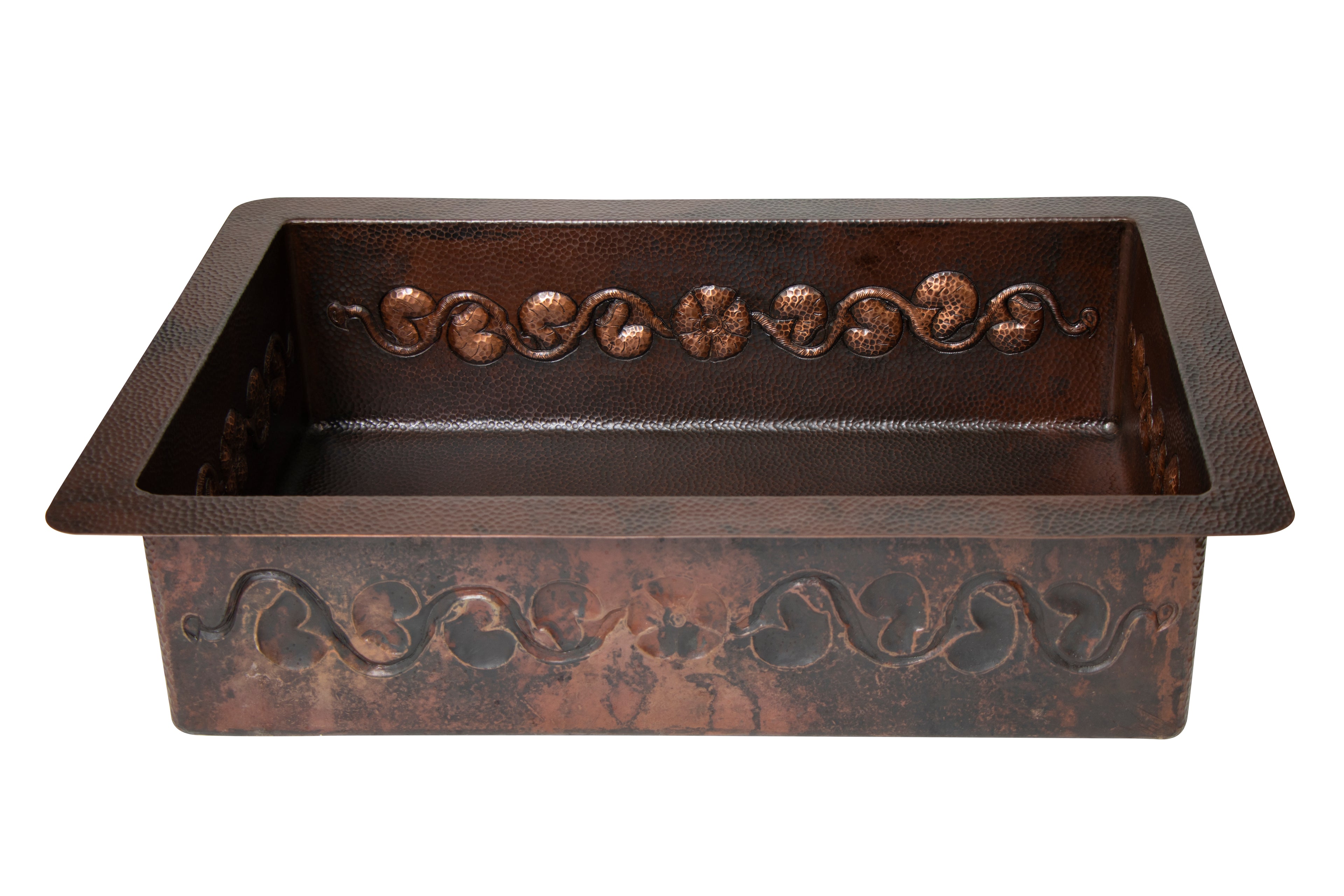 33" Drop-in Single Well Floral Design Hammered Copper Kitchen Sink